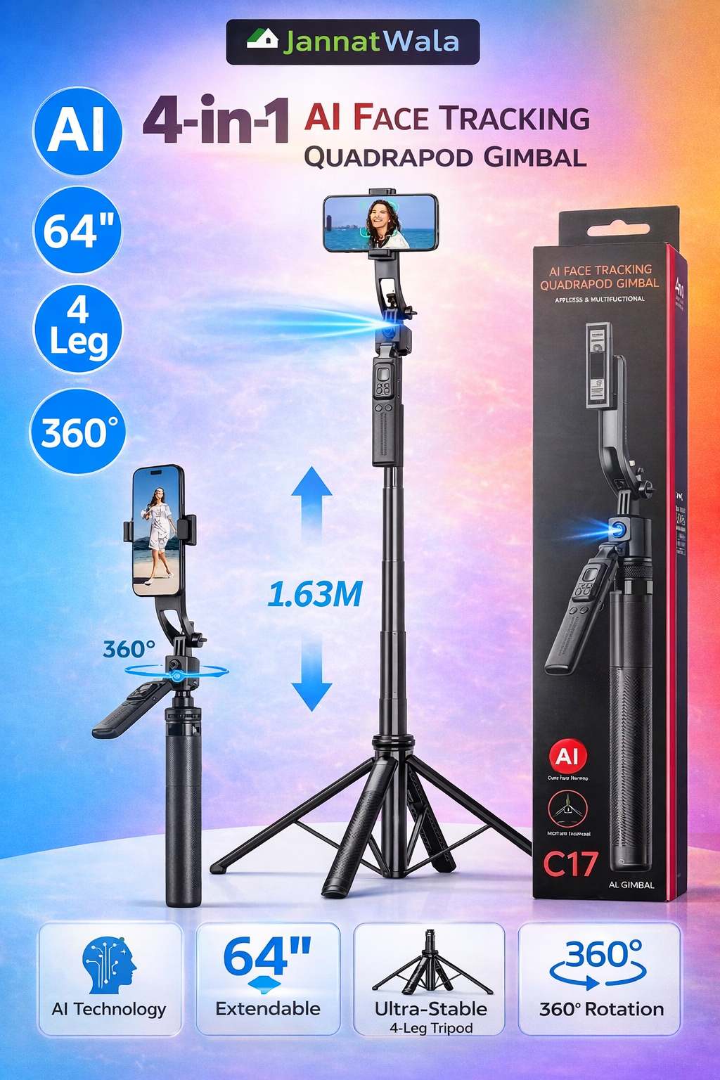 JannatWala C17 AI Face Tracking Selfie Stick Tripod with Bluetooth Remote, 360° Rotation, 1.63m Extendable, 4-Leg Stable Stand, Mobile Holder for Video Recording & Live Streaming